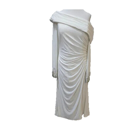 Mac Duggal 26485 Foldover Long Sleeve Jeweled Midi Dress NWT White - Picture 3 of 7